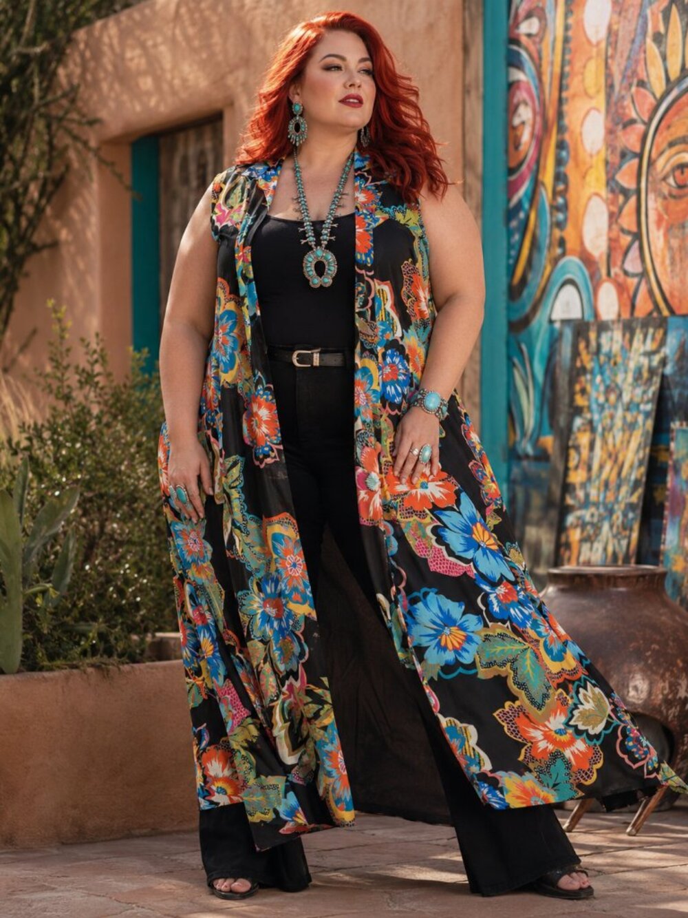 Spense Woman Black Multicolor Floral Sleeveless Duster Vest Size 2X